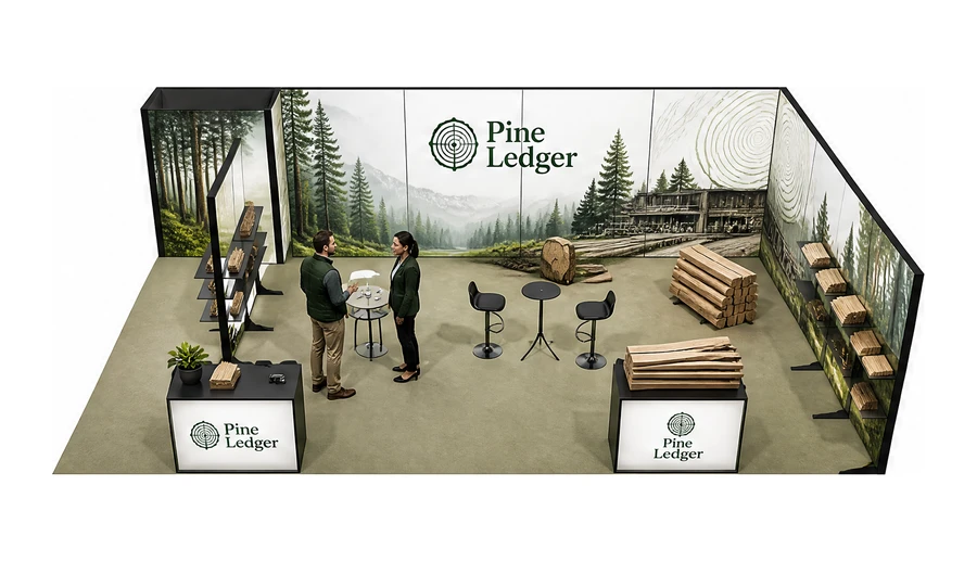 Stoisko 10 × 6 m narożne prawe dla branży leśnictwo i przemysł drzewny, przykładowa marka Pine Ledger