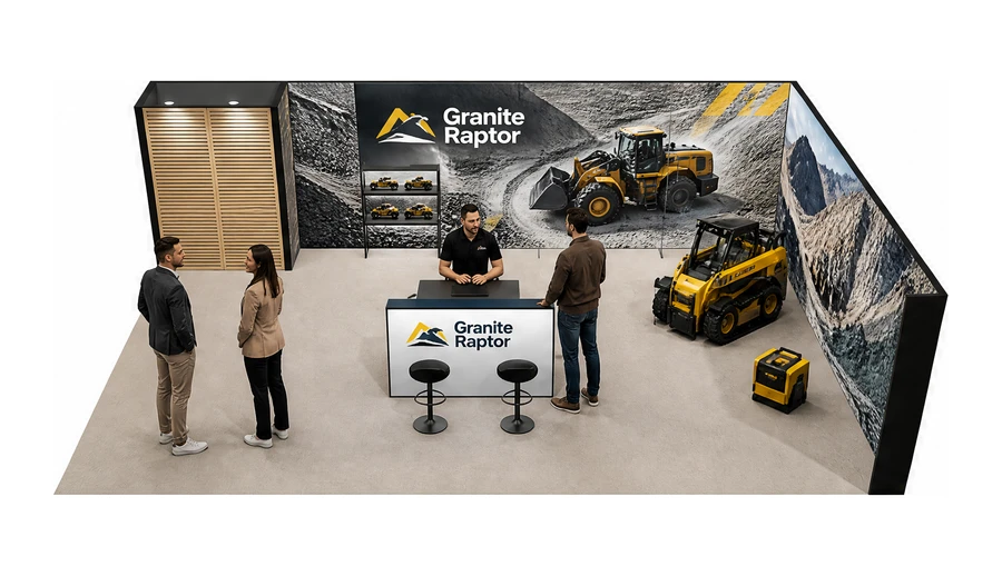 Stoisko 10 × 6 m narożne prawe dla branży maszyny budowlane, przykładowa marka Granite Raptor