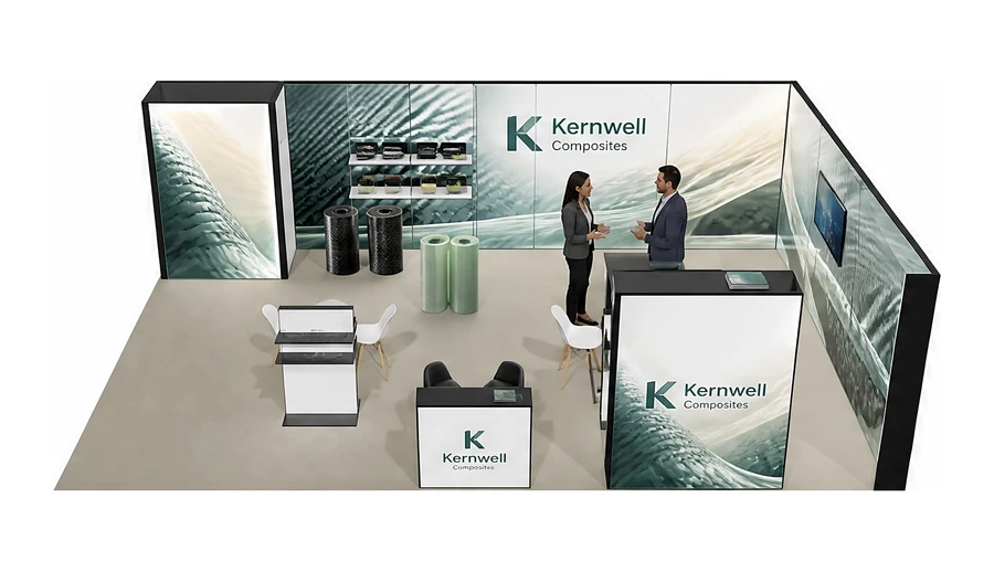 Stoisko 10 × 6 m narożne prawe dla branży materiały kompozytowe, przykładowa marka Kernwell Composites