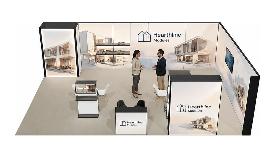 Stoisko 10 × 6 m narożne prawe dla branży domy modułowe i prefabrykacja, przykładowa marka Hearthline Modules