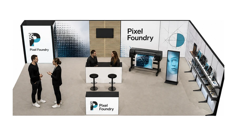 Stoisko 10 × 6 m narożne prawe dla branży reklama i druk, przykładowa marka Pixel Foundry