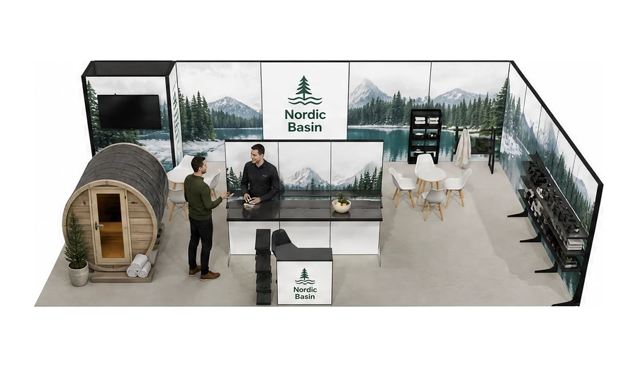 Stoisko 10 × 6 m narożne prawe dla branży baseny i sauny, przykładowa marka Nordic Basin
