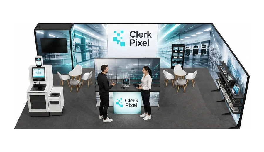 Stoisko 10 × 6 m narożne prawe dla branży technologie dla handlu, przykładowa marka Clerk Pixel