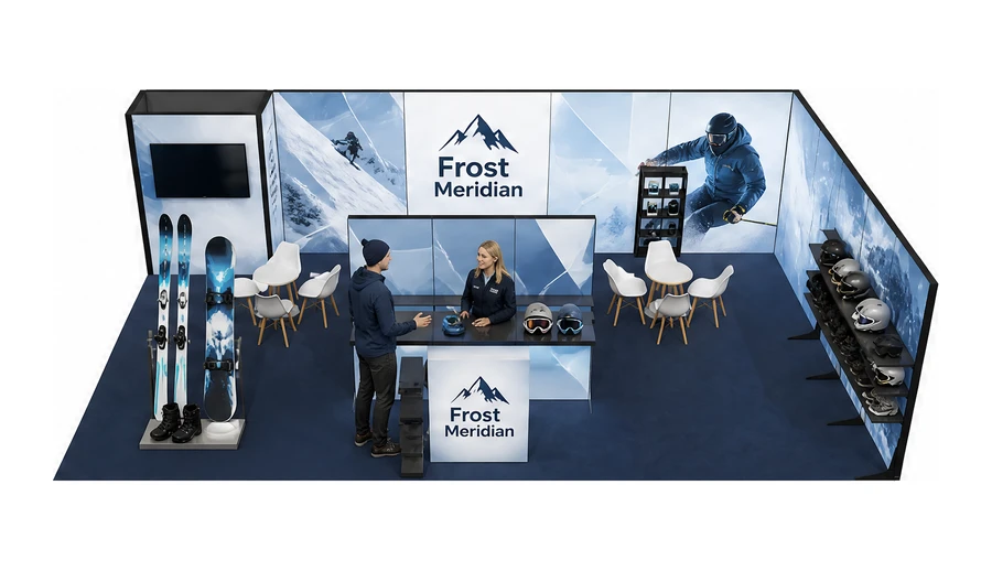 Stoisko 10 × 6 m narożne prawe dla branży narciarstwo i sporty zimowe, przykładowa marka Frost Meridian