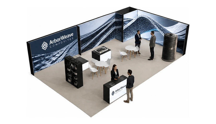 Stoisko 10 × 6 m narożne prawe dla branży materiały kompozytowe, przykładowa marka ArborWeave Composites