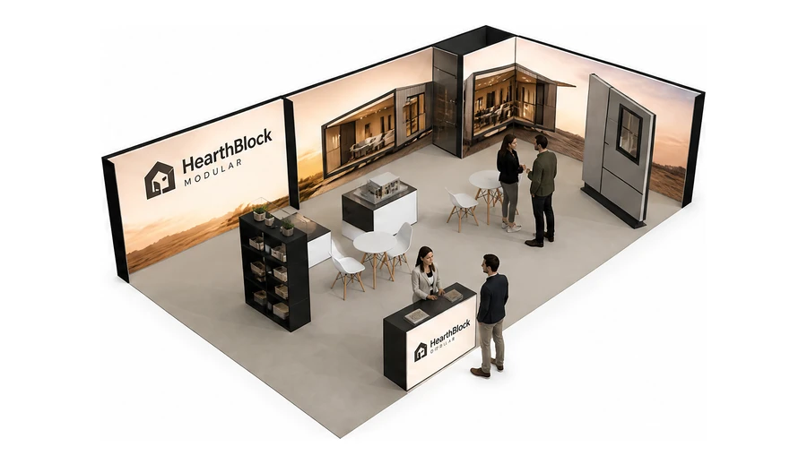 Stoisko 10 × 6 m narożne prawe dla branży domy modułowe i prefabrykacja, przykładowa marka HearthBlock Modular