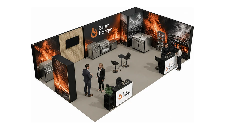 Stoisko 10 × 6 m narożne prawe dla branży wyposażenie gastronomii, przykładowa marka Briar Forge