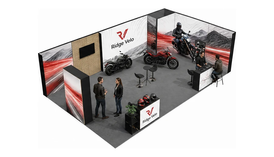 Stoisko 10 × 6 m narożne prawe dla branży motocykle i skutery, przykładowa marka Ridge Velo