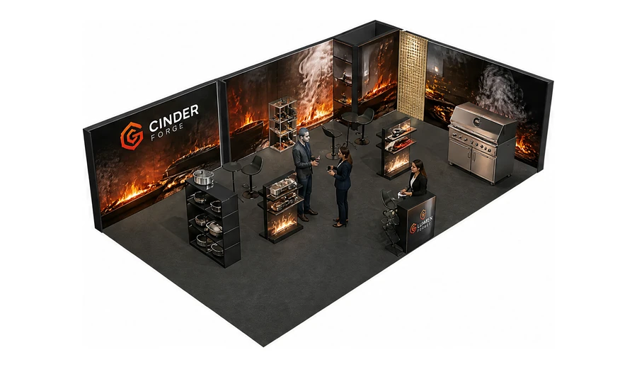 Stoisko 10 × 6 m narożne prawe dla branży wyposażenie gastronomii, przykładowa marka Cinder Forge