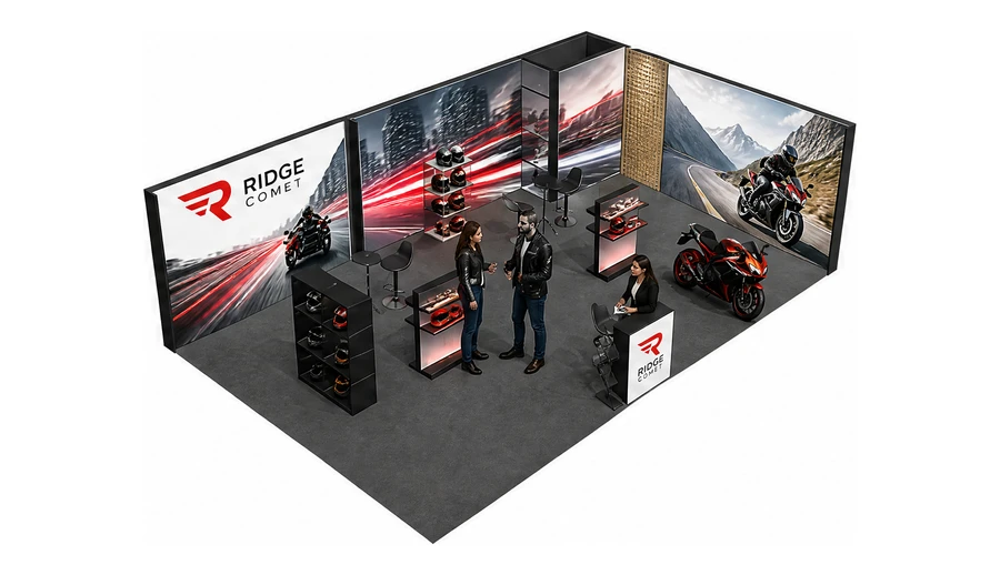 Stoisko 10 × 6 m narożne prawe dla branży motocykle i skutery, przykładowa marka Ridge Comet