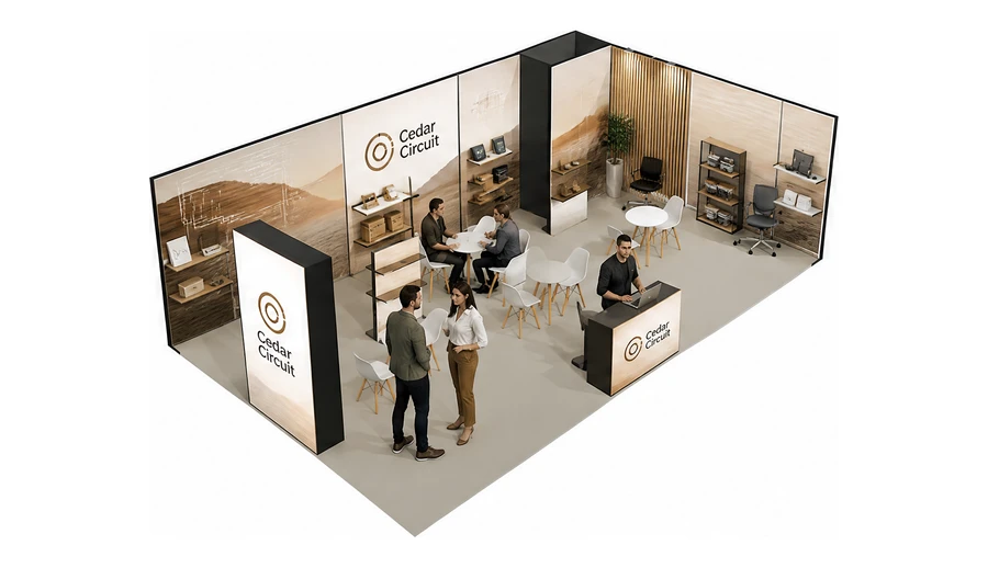 Stoisko 10 × 6 m narożne prawe dla branży meble biurowe, przykładowa marka Cedar Circuit