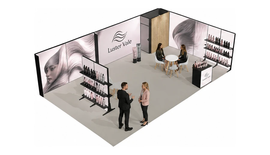 Stoisko 10 × 6 m narożne prawe dla branży fryzjerstwo i salony beauty, przykładowa marka Luster Vale
