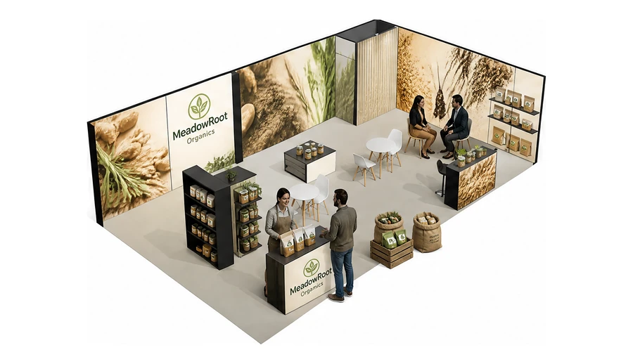 Stoisko 10 × 6 m narożne prawe dla branży żywność ekologiczna, przykładowa marka MeadowRoot Organics