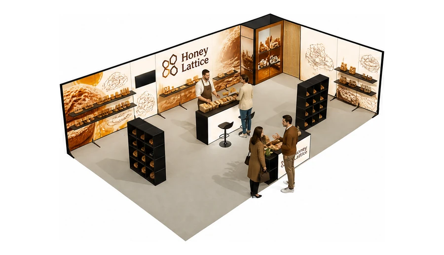 Stoisko 10 × 6 m narożne prawe dla branży piekarnictwo i cukiernictwo, przykładowa marka Honey Lattice