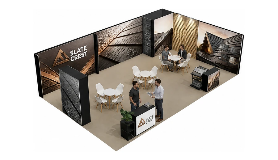 Stoisko 10 × 6 m narożne prawe dla branży dachy i elewacje, przykładowa marka Slate Crest