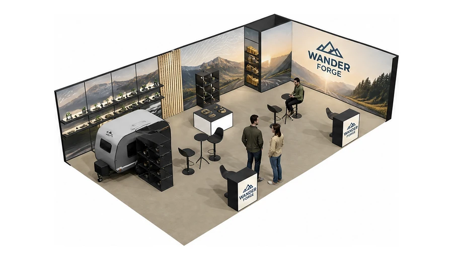 Stoisko 10 × 6 m narożne prawe dla branży caravaning i kampery, przykładowa marka Wander Forge