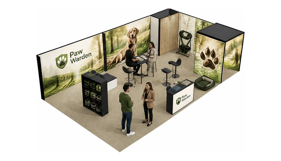 Stoisko 10 × 6 m narożne prawe dla branży akcesoria dla zwierząt, przykładowa marka Paw Warden