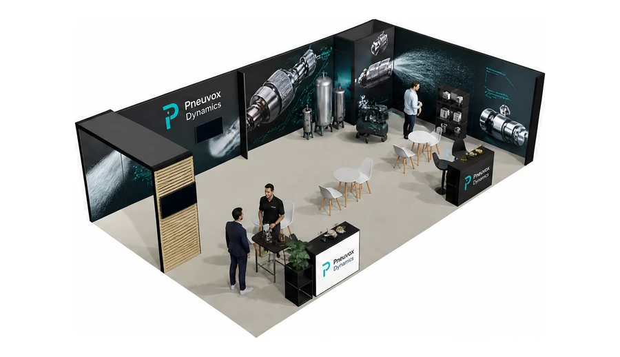 Stoisko 10 × 6 m narożne prawe dla branży pneumatyka i sprężone powietrze, przykładowa marka Pneuvox Dynamics