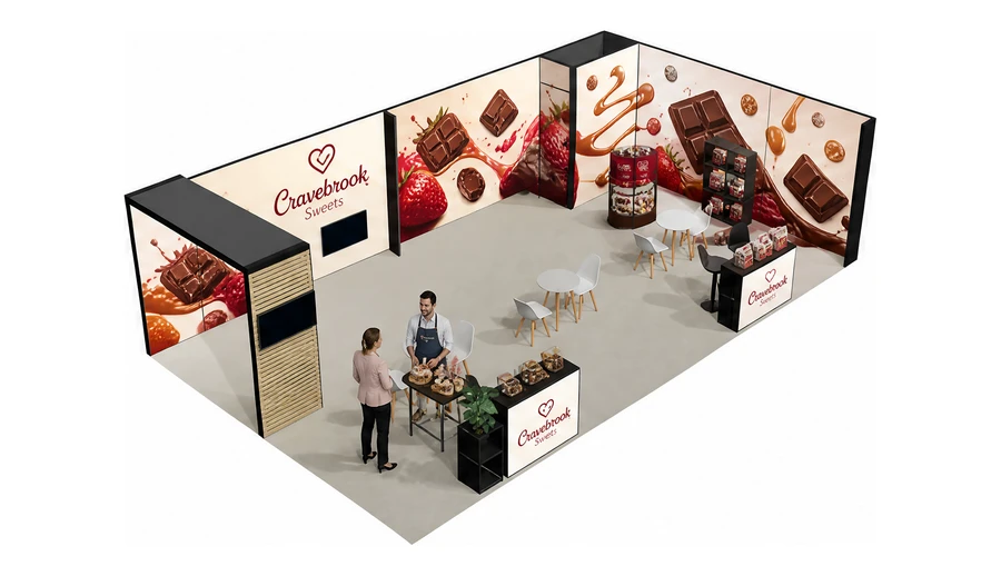 Stoisko 10 × 6 m narożne prawe dla branży słodycze i przekąski, przykładowa marka Cravebrook Sweets