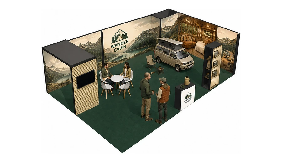 Stoisko 10 × 6 m narożne prawe dla branży caravaning i kampery, przykładowa marka Wander Cabin