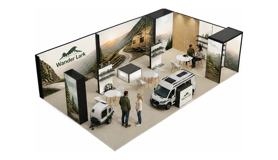 Stoisko 10 × 6 m narożne prawe dla branży caravaning i kampery, przykładowa marka Wander Lark