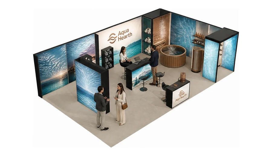 Stoisko 10 × 6 m narożne prawe dla branży baseny i sauny, przykładowa marka Aqua Hearth