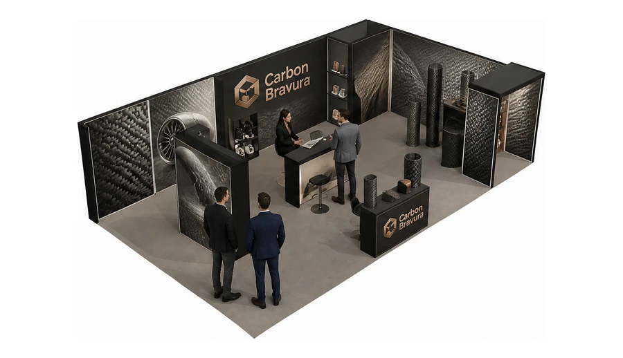 Stoisko 10 × 6 m narożne prawe dla branży materiały kompozytowe, przykładowa marka Carbon Bravura