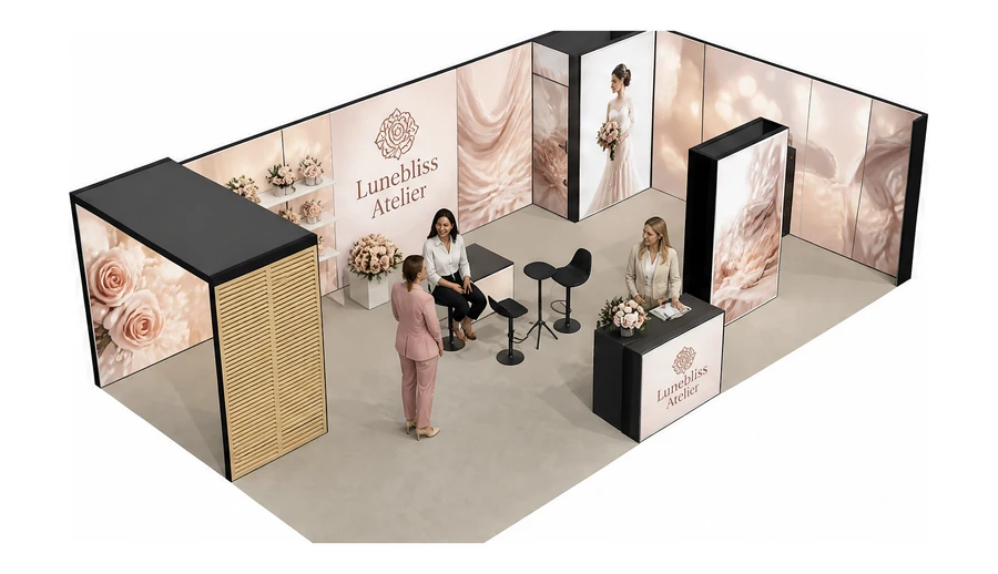 Stoisko 10 × 6 m narożne prawe dla branży branża ślubna, przykładowa marka Lunebliss Atelier