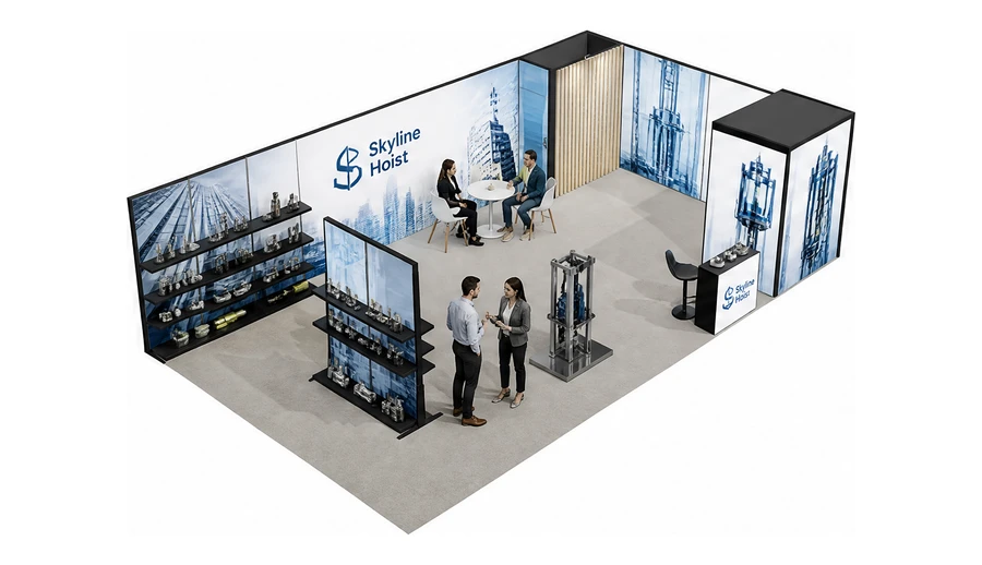 Stoisko 10 × 6 m narożne prawe dla branży dźwigi i windy, przykładowa marka Skyline Hoist