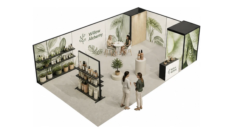 Stoisko 10 × 6 m narożne prawe dla branży kosmetyki naturalne, przykładowa marka Willow Alchemy