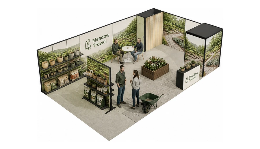Stoisko 10 × 6 m narożne prawe dla branży ogród i architektura krajobrazu, przykładowa marka Meadow Trowel