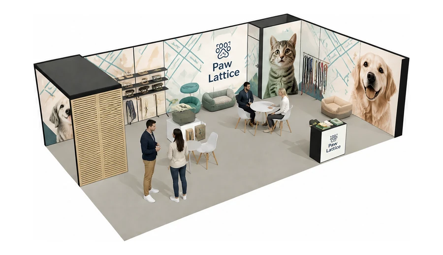 Stoisko 10 × 6 m narożne prawe dla branży akcesoria dla zwierząt, przykładowa marka Paw Lattice
