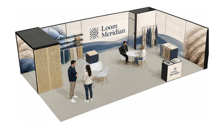Stoisko 10 × 6 m narożne prawe dla branży tekstylia i tkaniny, przykładowa marka Loom Meridian