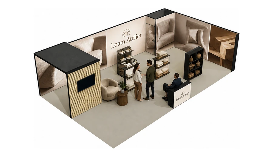 Stoisko 10 × 6 m narożne prawe dla branży meble designerskie, przykładowa marka Loam Atelier