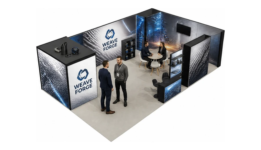 Stoisko 10 × 6 m narożne prawe dla branży materiały kompozytowe, przykładowa marka Weave Forge