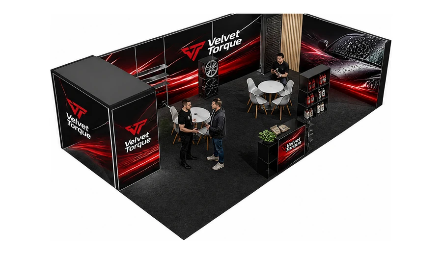 Stoisko 10 × 6 m narożne prawe dla branży tuning i detailing, przykładowa marka Velvet Torque