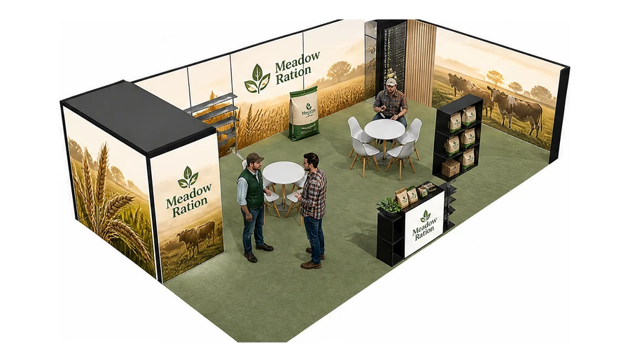 Stoisko 10 × 6 m narożne prawe dla branży hodowla i pasze, przykładowa marka Meadow Ration