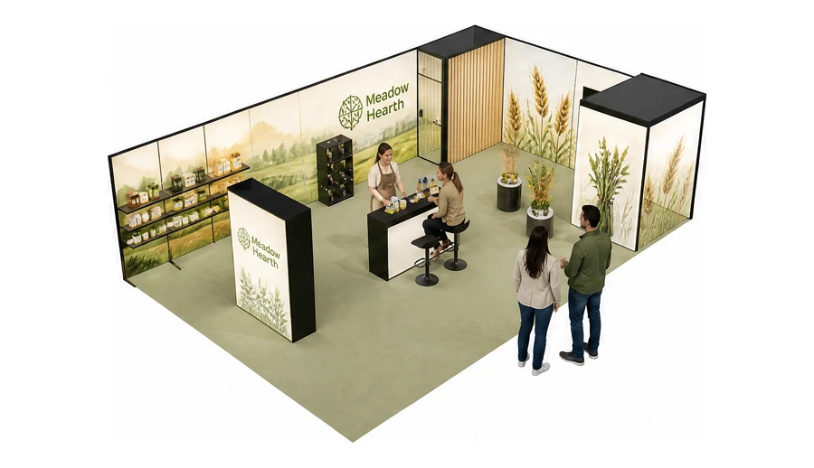 Stoisko 10 × 6 m narożne prawe dla branży żywność ekologiczna, przykładowa marka Meadow Hearth