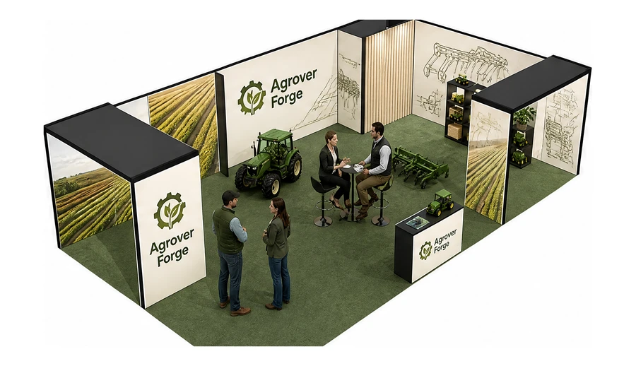 Stoisko 10 × 6 m narożne prawe dla branży maszyny rolnicze, przykładowa marka Agrover Forge