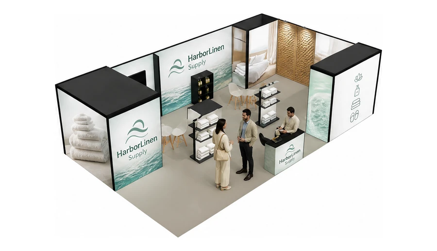 Stoisko 10 × 6 m narożne prawe dla branży wyposażenie hoteli, przykładowa marka HarborLinen Supply