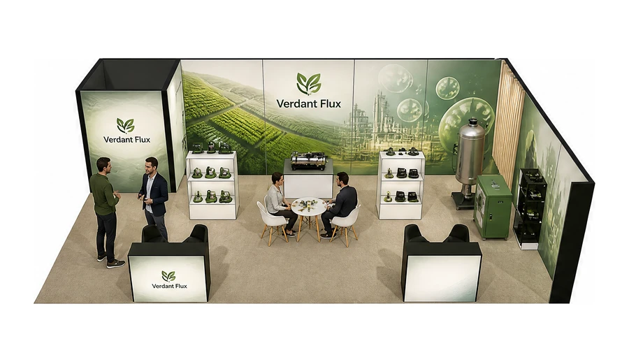 Stoisko 10 × 6 m narożne prawe dla branży biogaz i OZE, przykładowa marka Verdant Flux