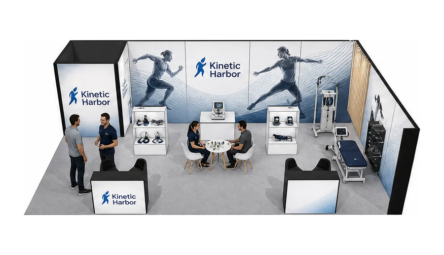 Stoisko 10 × 6 m narożne prawe dla branży rehabilitacja i fizjoterapia, przykładowa marka Kinetic Harbor