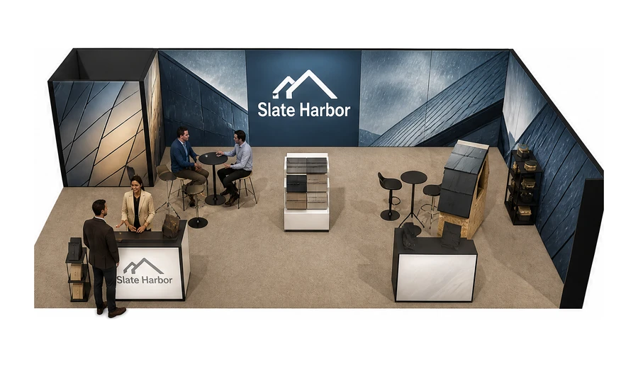 Stoisko 10 × 6 m narożne prawe dla branży dachy i elewacje, przykładowa marka Slate Harbor