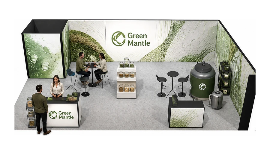 Stoisko 10 × 6 m narożne prawe dla branży biogaz i OZE, przykładowa marka Green Mantle