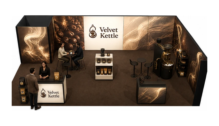 Stoisko 10 × 6 m narożne prawe dla branży palarnia kawy, przykładowa marka Velvet Kettle