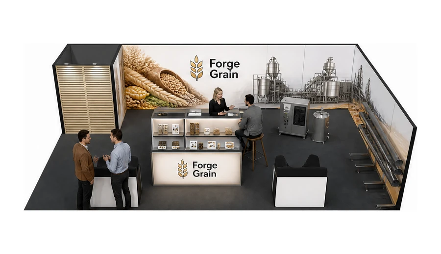 Stoisko 10 × 6 m narożne prawe dla branży technologie spożywcze, przykładowa marka Forge Grain