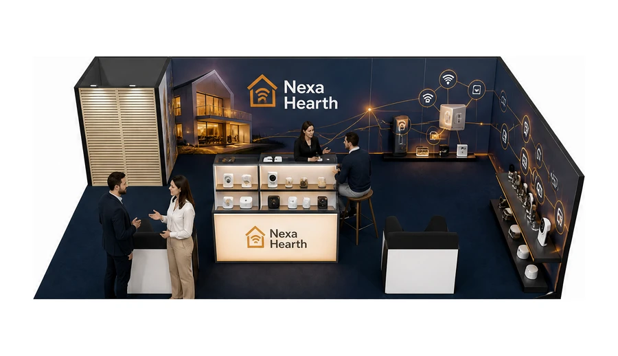 Stoisko 10 × 6 m narożne prawe dla branży smart home i IoT, przykładowa marka Nexa Hearth