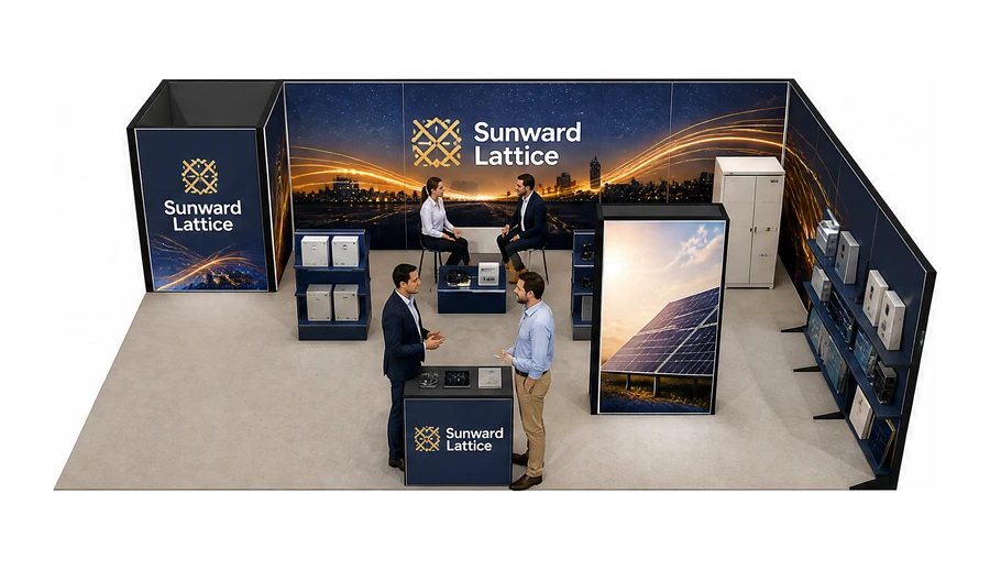 Stoisko 10 × 6 m narożne prawe dla branży fotowoltaika, przykładowa marka Sunward Lattice