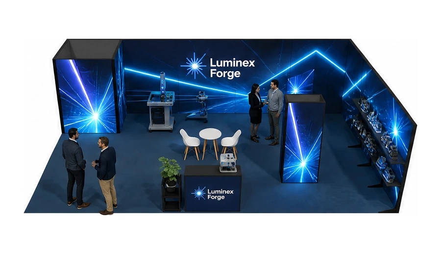 Stoisko 10 × 6 m narożne prawe dla branży technika laserowa i fotonika, przykładowa marka Luminex Forge