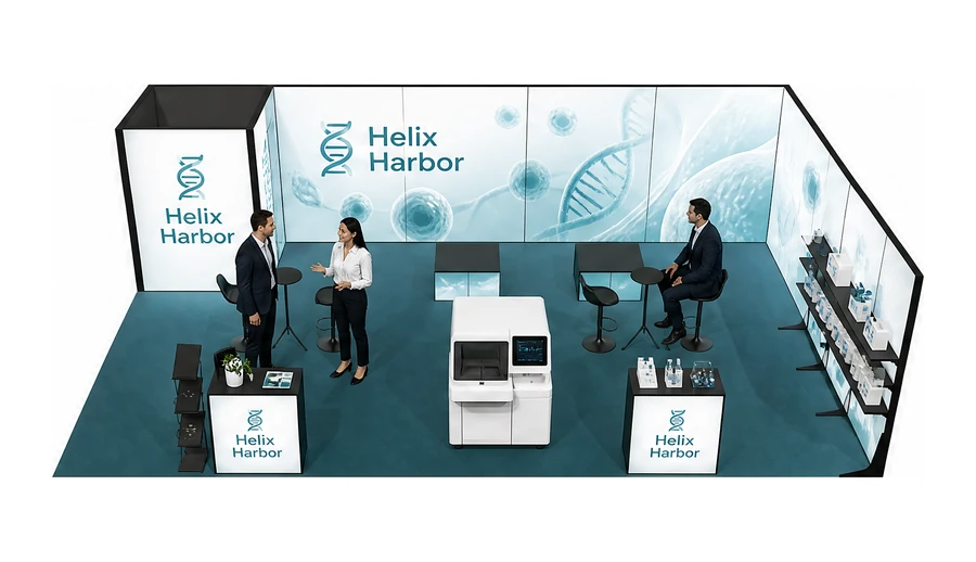 Stoisko 10 × 6 m narożne prawe dla branży farmacja i biotechnologia, przykładowa marka Helix Harbor